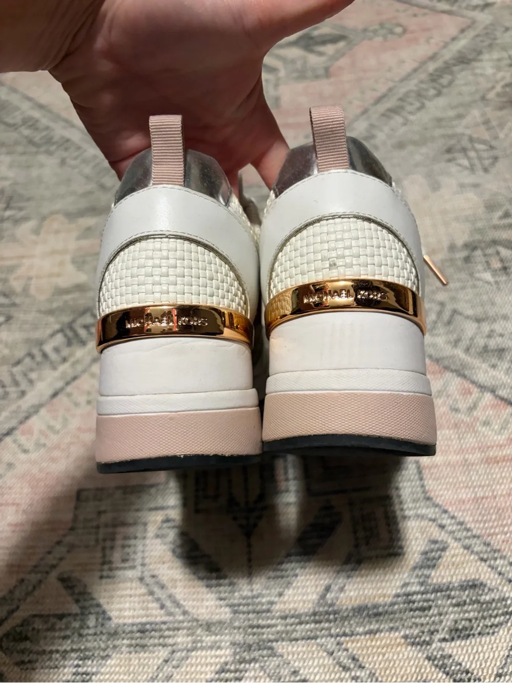 Michael Kors White Sneakers with Rose Gold and Cream Woven Panels